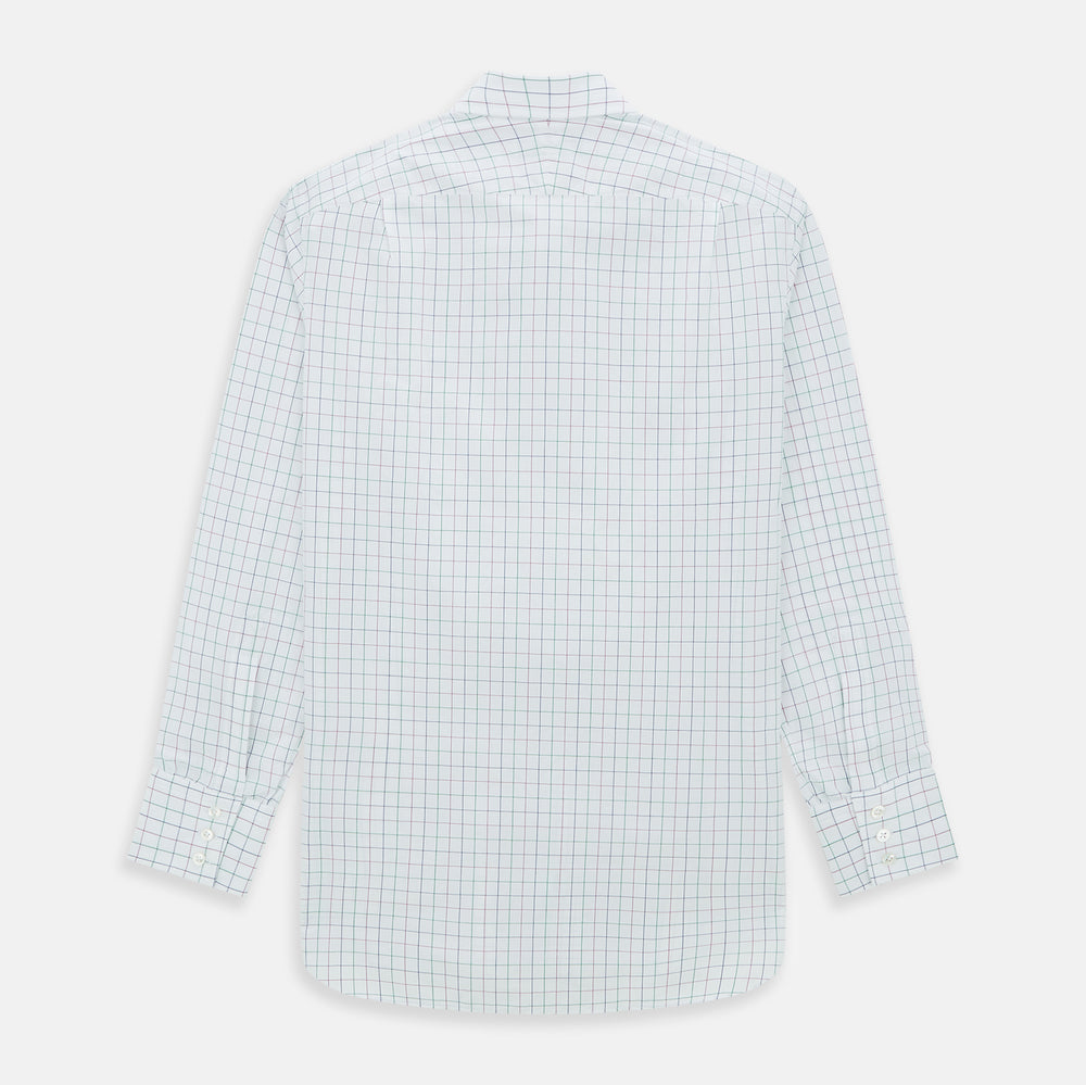 The Turnbull & Asser Pink Grid Check Mayfair Shirt is a long-sleeve, button-down shirt with a T&A collar, crafted from organic cotton and featuring a pink checkered grid pattern on white with buttoned cuffs.