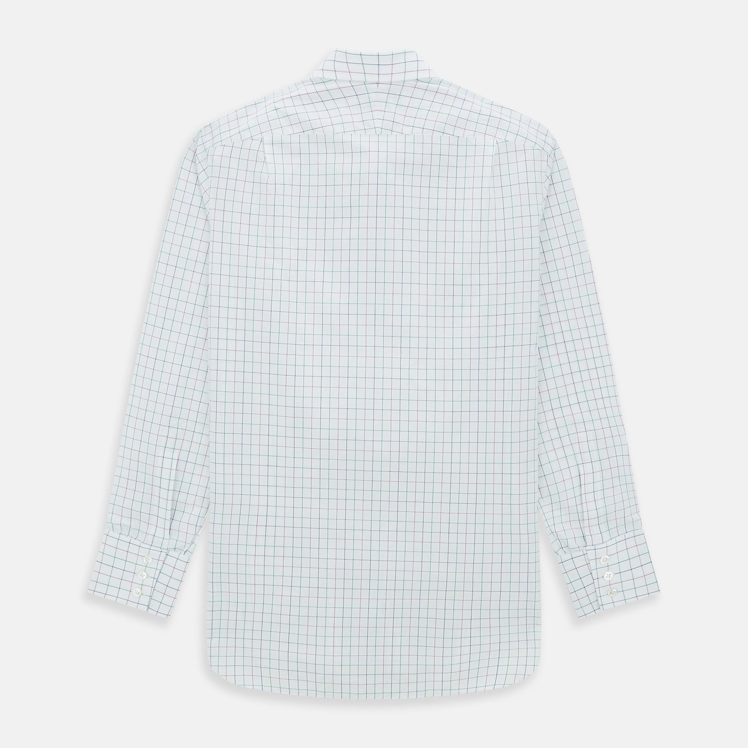 View 5 of product The Turnbull & Asser Pink Grid Check Mayfair Shirt is a long-sleeve, button-down shirt with a T&A collar, crafted from organic cotton and featuring a pink checkered grid pattern on white with buttoned cuffs.