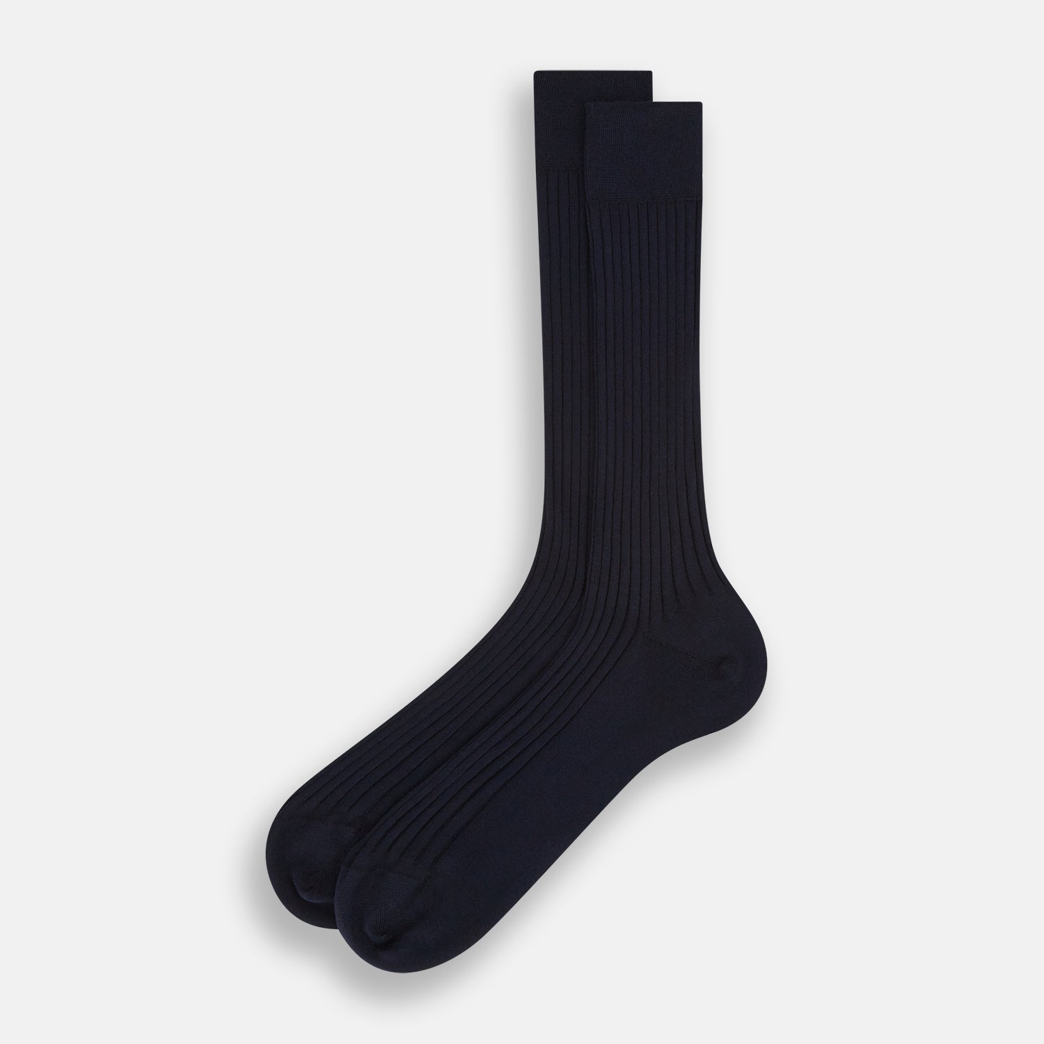 View 2 of product A single navy mid-length sock by Turnbull & Asser, crafted from organic cotton with a ribbed texture, stands upright on a white background.