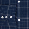View 4 of product The Indigo and White Thin Plaid Check Windsor Shirt by Turnbull & Asser, a long-sleeve button-up with white buttons, is shown laid flat on a white background.