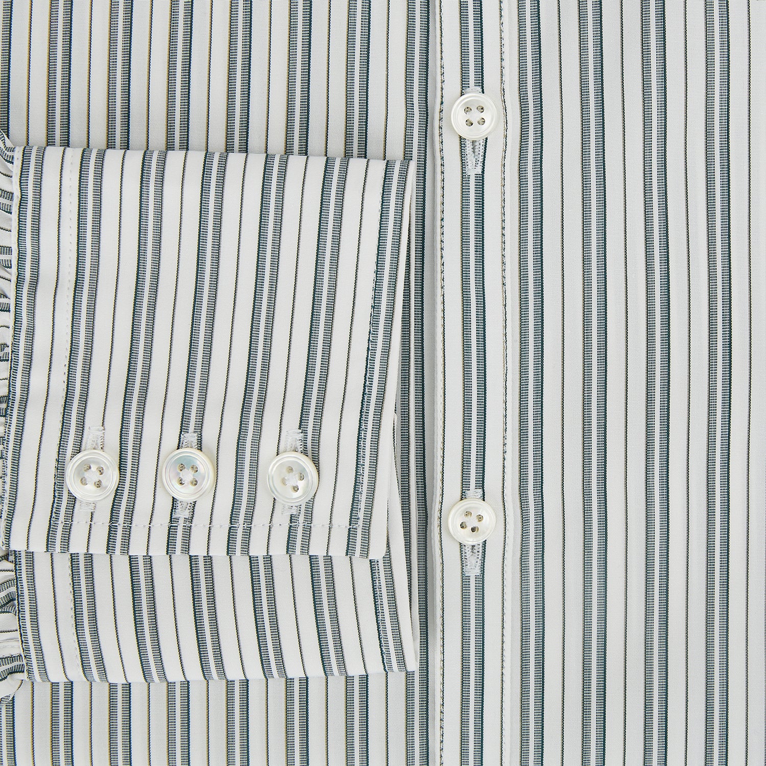 View 5 of product The OLIVE & SAGE GREEN MULTI TRACK STRIPE WESTMINSTER SHIRT by Turnbull & Asser features a classic Turnbull collar and long sleeves, showcasing British craftsmanship with its striped design, presented against a white background.