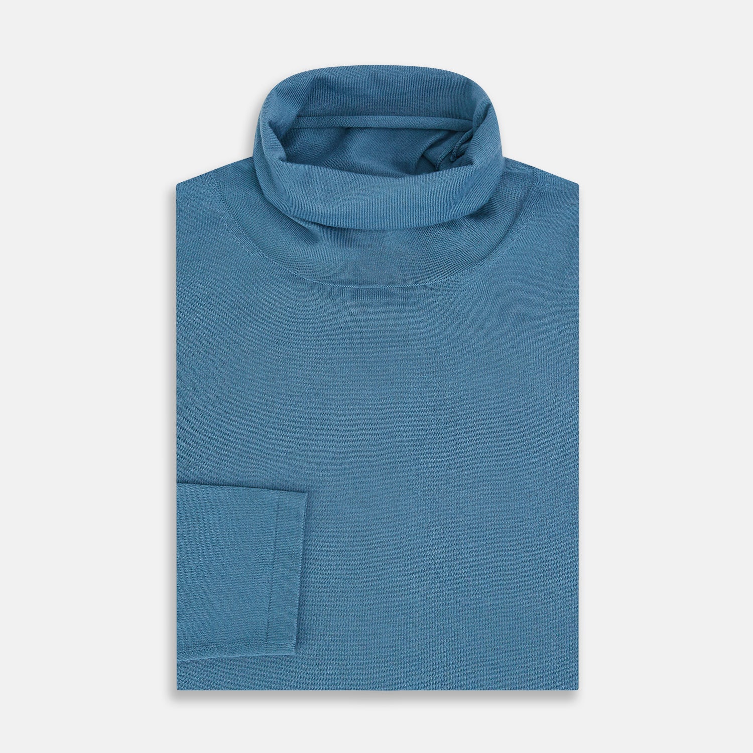 View 4 of product Turnbull & Asser's Pale Blue Fine Merino High Neck Jumper is shown on a plain white background, featuring a simple, classic design with long sleeves and no visible patterns or embellishments.