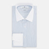 View 5 of product Turnbull & Asser Sky Blue Hairline Multi Stripe Shirt features a contrasting T&A collar and cuffs, long sleeves, and button-down front. Displayed against a plain white background.