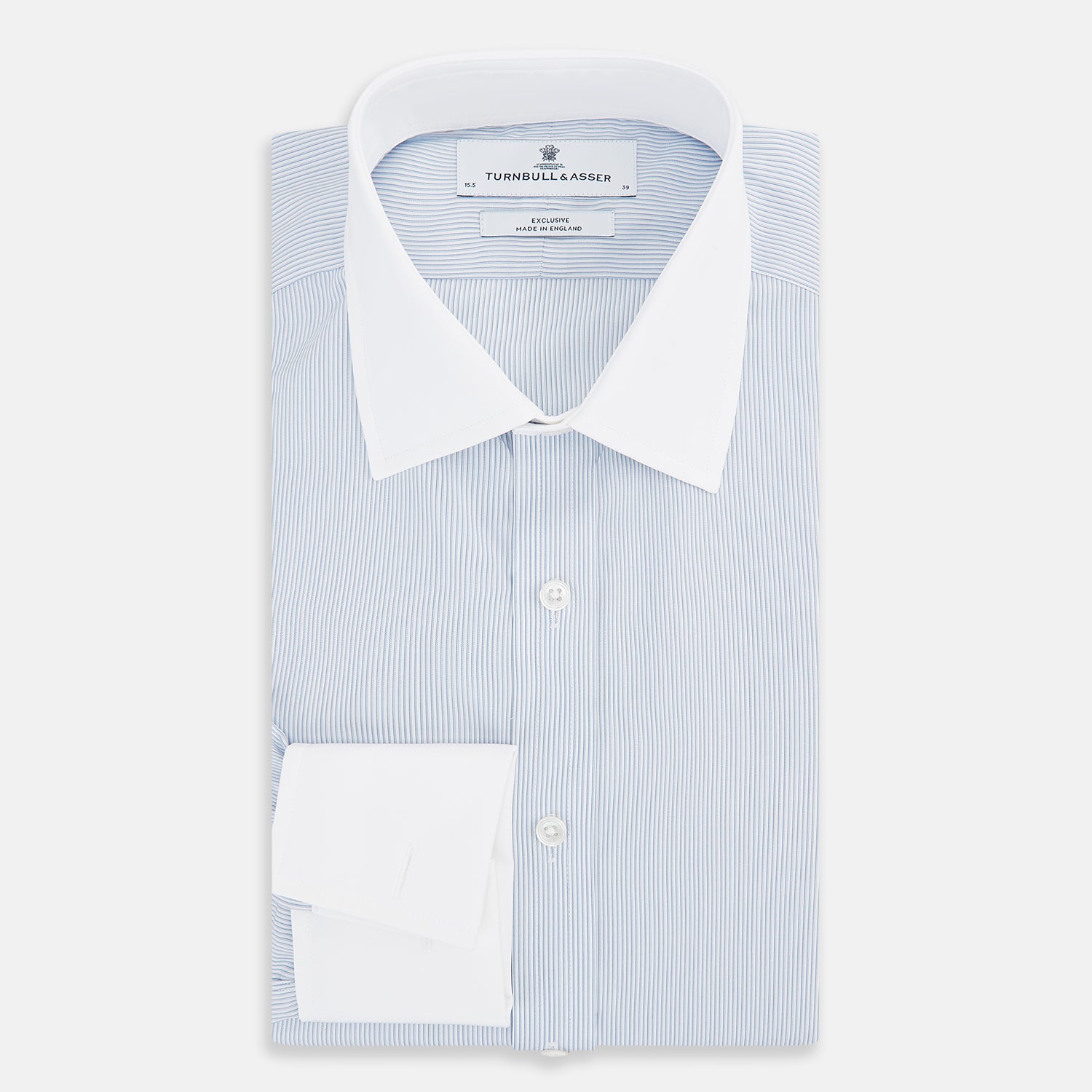 View 5 of product Turnbull & Asser Sky Blue Hairline Multi Stripe Shirt features a contrasting T&A collar and cuffs, long sleeves, and button-down front. Displayed against a plain white background.