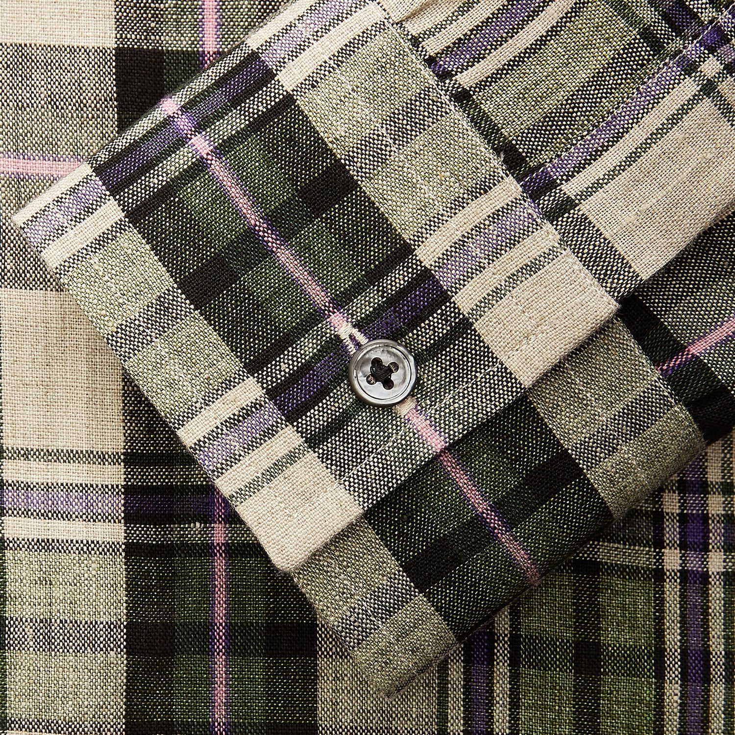 View 4 of product Turnbull & Asser Green & Purple Check Weekend Fit Linen Shirt with Dorset collar and 1-button cuffs, shown flat on a white background.