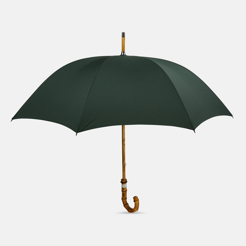 The Forest Green Umbrella with Whangee Crook Handle by Turnbull & Asser features a wooden shaft and classic curved handle—a sophisticated men’s accessory shown fully opened against a white background.