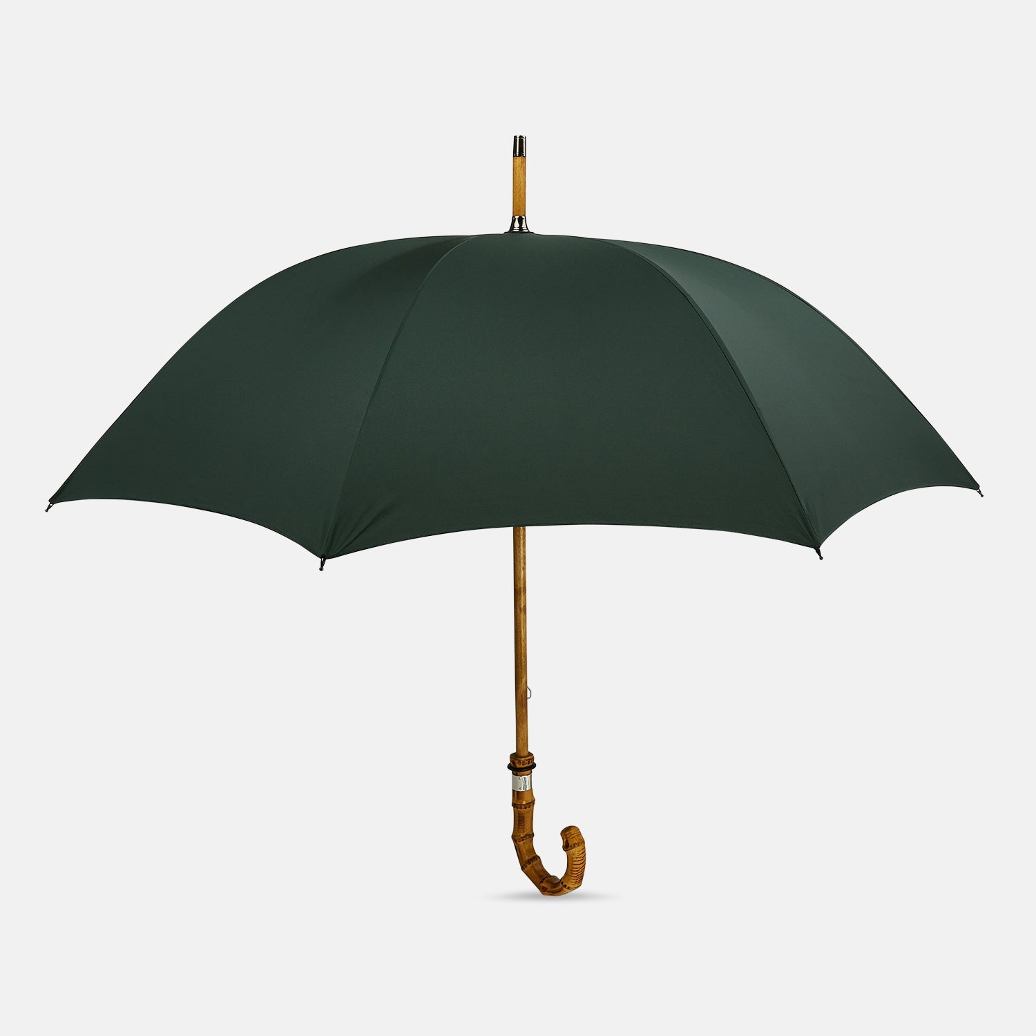 View 1 of product The Forest Green Umbrella with Whangee Crook Handle by Turnbull & Asser features a wooden shaft and classic curved handle—a sophisticated men’s accessory shown fully opened against a white background.