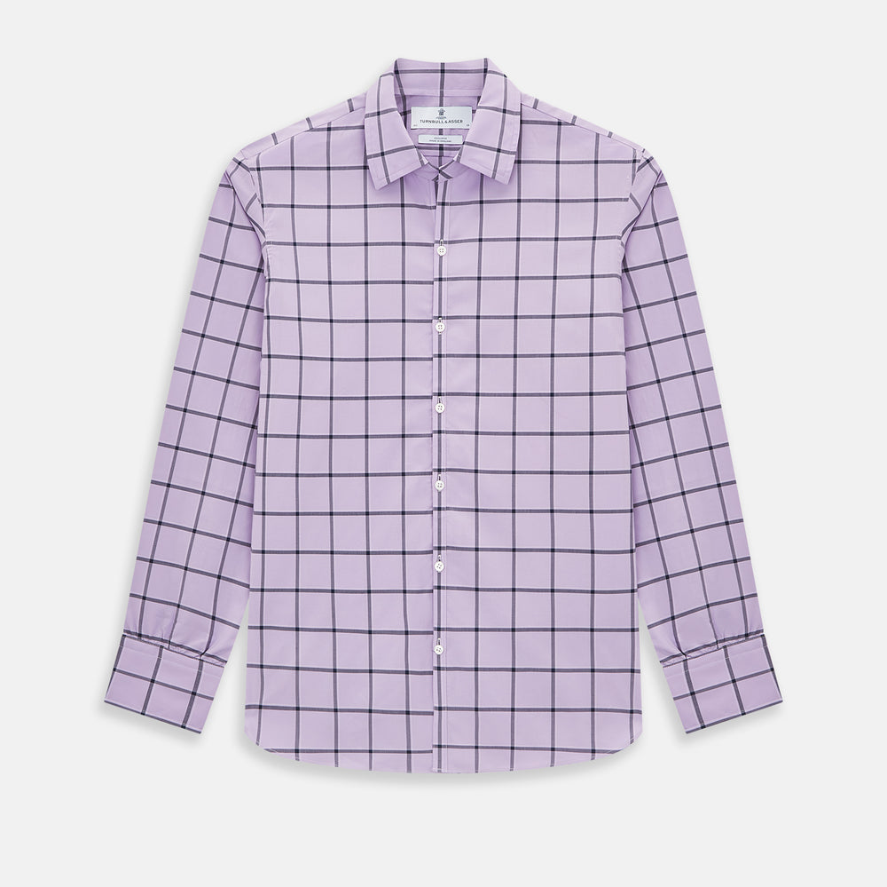 A long-sleeve, button-up Lilac Grid Check Windsor Shirt by Turnbull & Asser, featuring a black windowpane pattern and a refined Windsor collar, displayed on a plain white background.