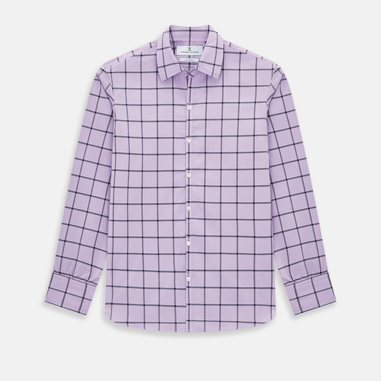 View 1 of product A long-sleeve, button-up Lilac Grid Check Windsor Shirt by Turnbull & Asser, featuring a black windowpane pattern and a refined Windsor collar, displayed on a plain white background.