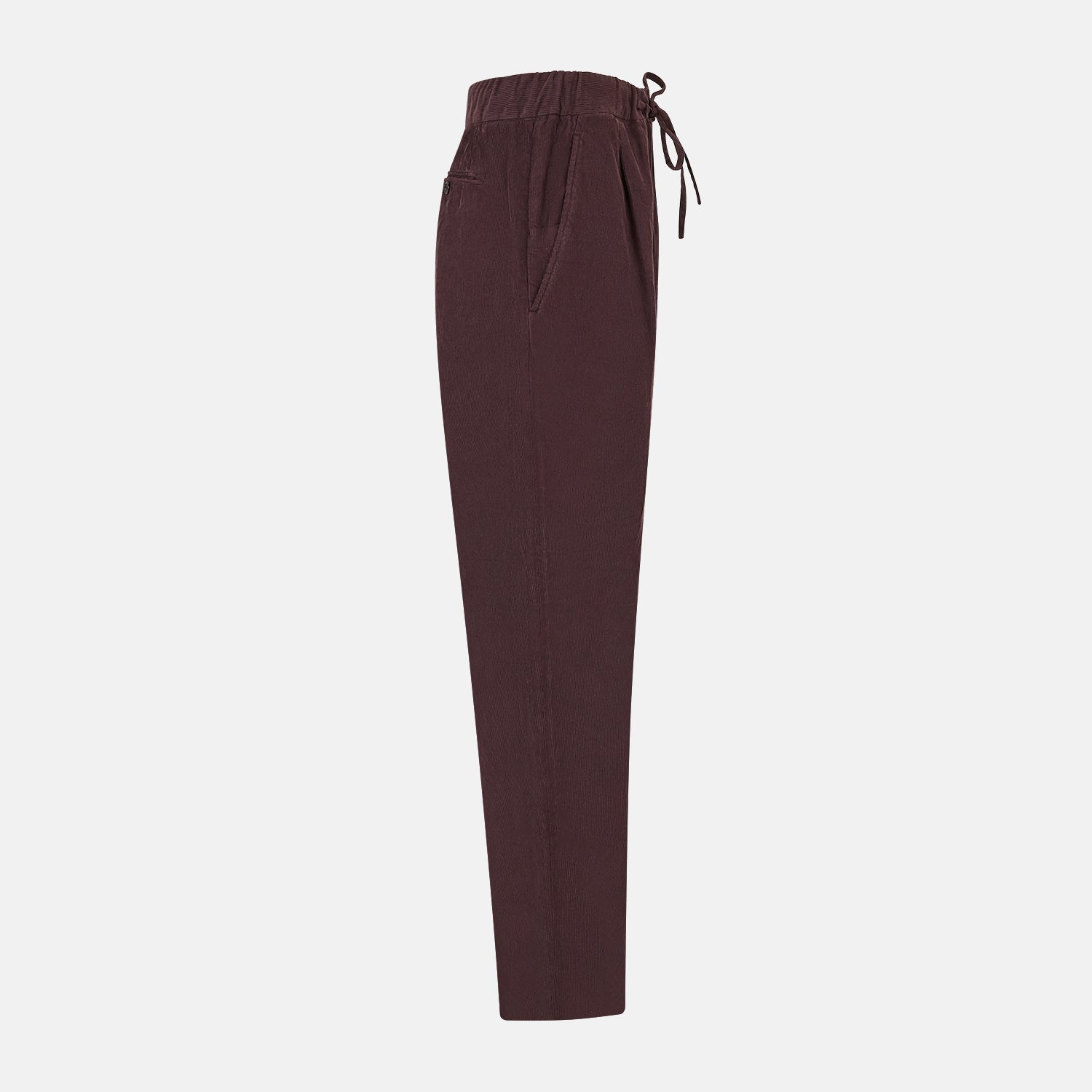 View 4 of product Turnbull & Asser Burgundy Corduroy Miles Trousers: high-waisted, straight-leg pants with an elasticated drawstring waist, shown on a white background.