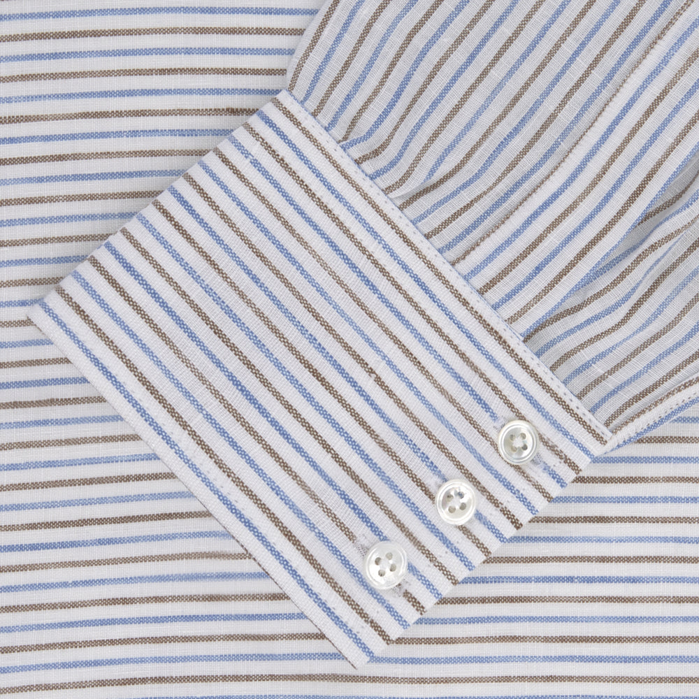 The Turnbull & Asser Brown and Blue Ticking Stripe Linen Shirt features a POW collar and 3-button cuffs, displayed against a light gray surface.