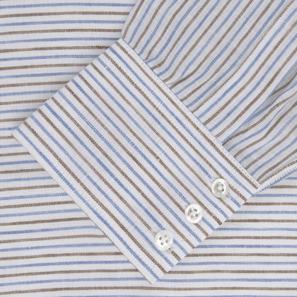 Brown and Blue Ticking Stripe Linen Shirt with POW Collar and 3-Button Cuffs Image 1