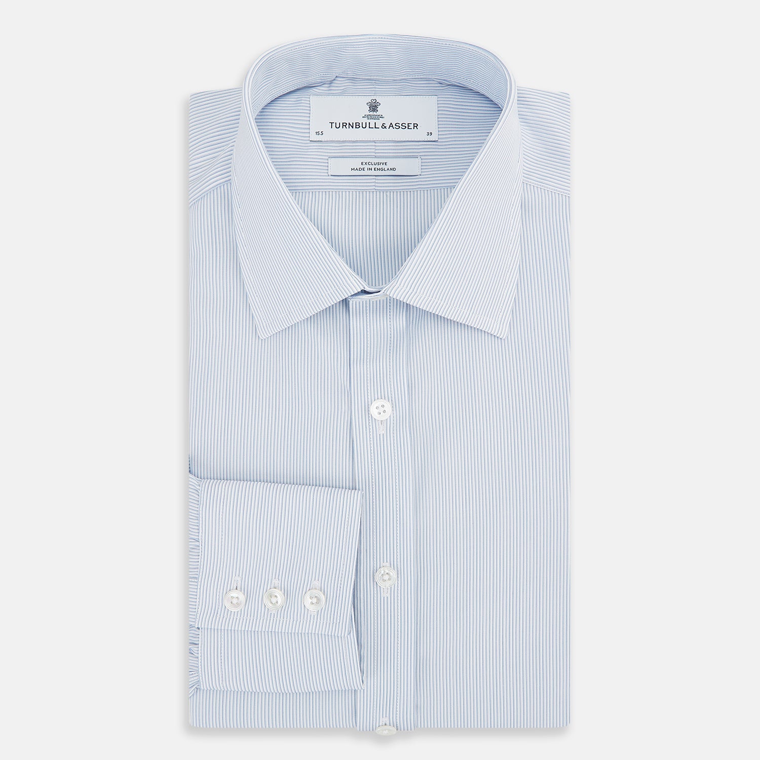 View 5 of product The Turnbull & Asser Sky Blue Hairline Multi Stripe Mayfair Shirt features Italian cotton, long sleeves, a classic collar, white buttons, and a subtle stripe pattern, shown on a plain white background.