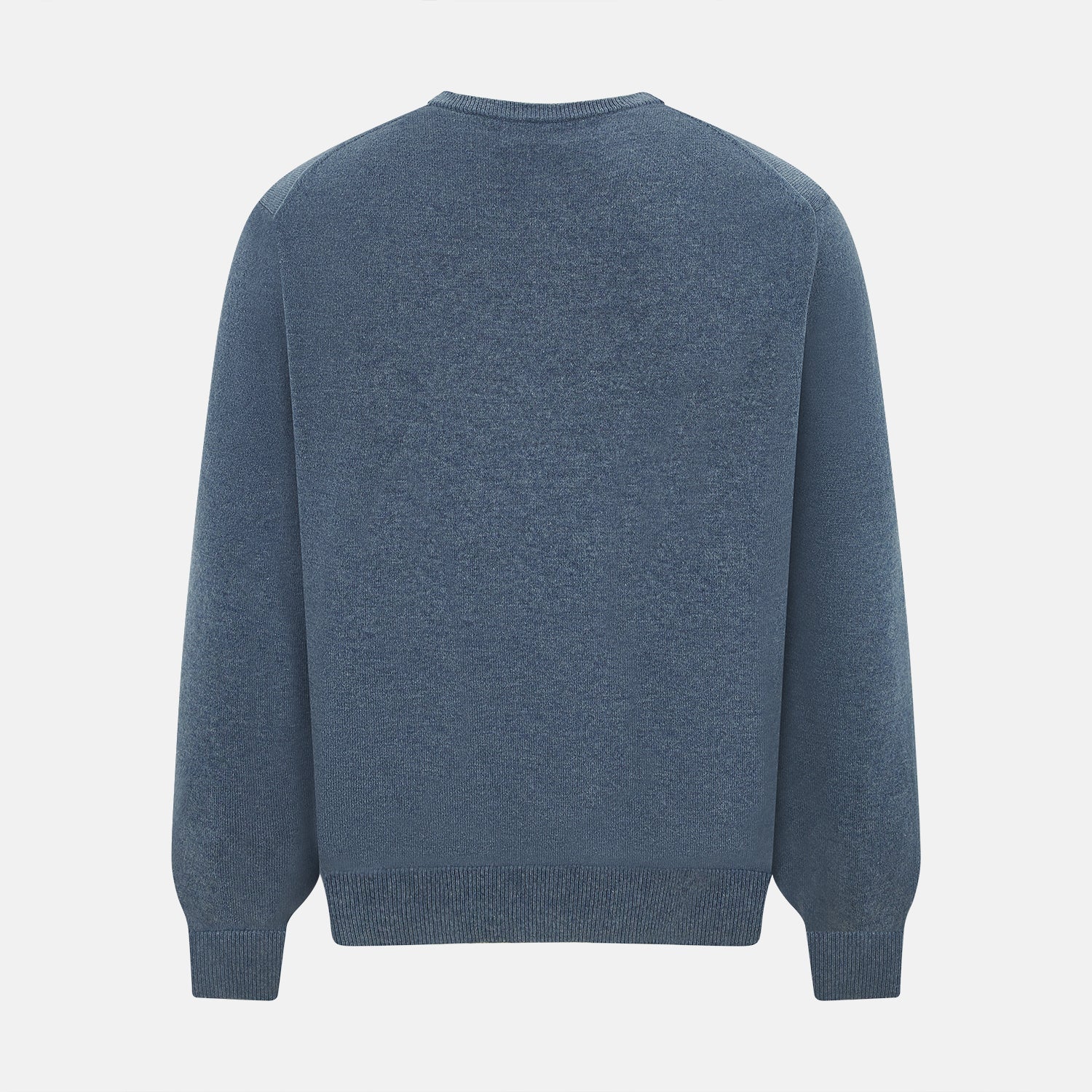 View 3 of product The Turnbull & Asser Pacific Blue Cashmere Round Neck Jumper features long sleeves and ribbed cuffs, hem, and neckline, shown on a light grey background.