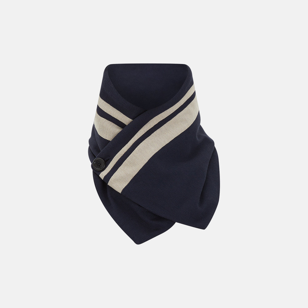 The Navy and Sand Stripe Neck Warmer by Turnbull & Asser features two beige diagonal stripes and a black button, draped in a V shape on a white background—an elegant formal accessory for any occasion.