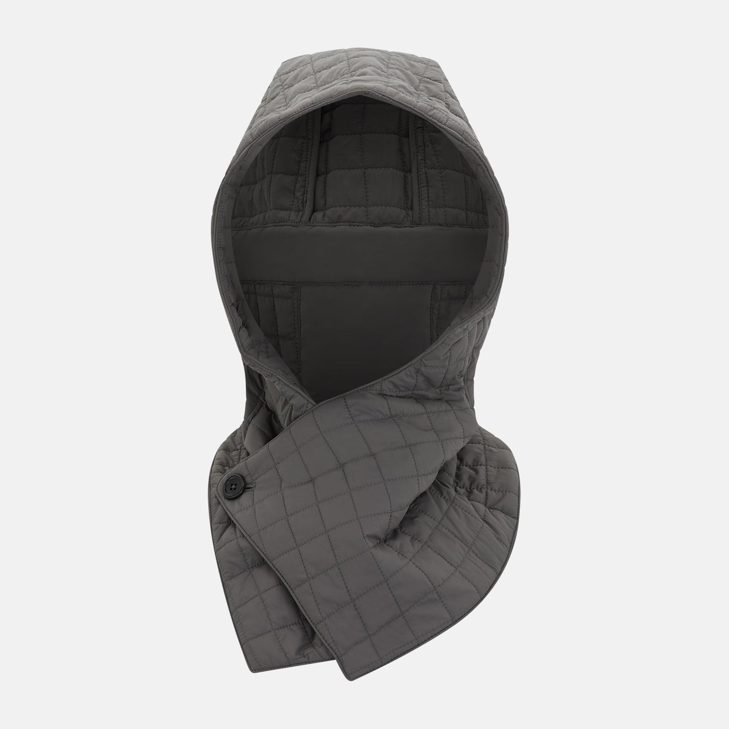 View 1 of product The Turnbull & Asser Shadow Grey Quilted Hood with Neck Warmer features a button closure, inspired by quilted jacket hoods, and is displayed on a plain white background.