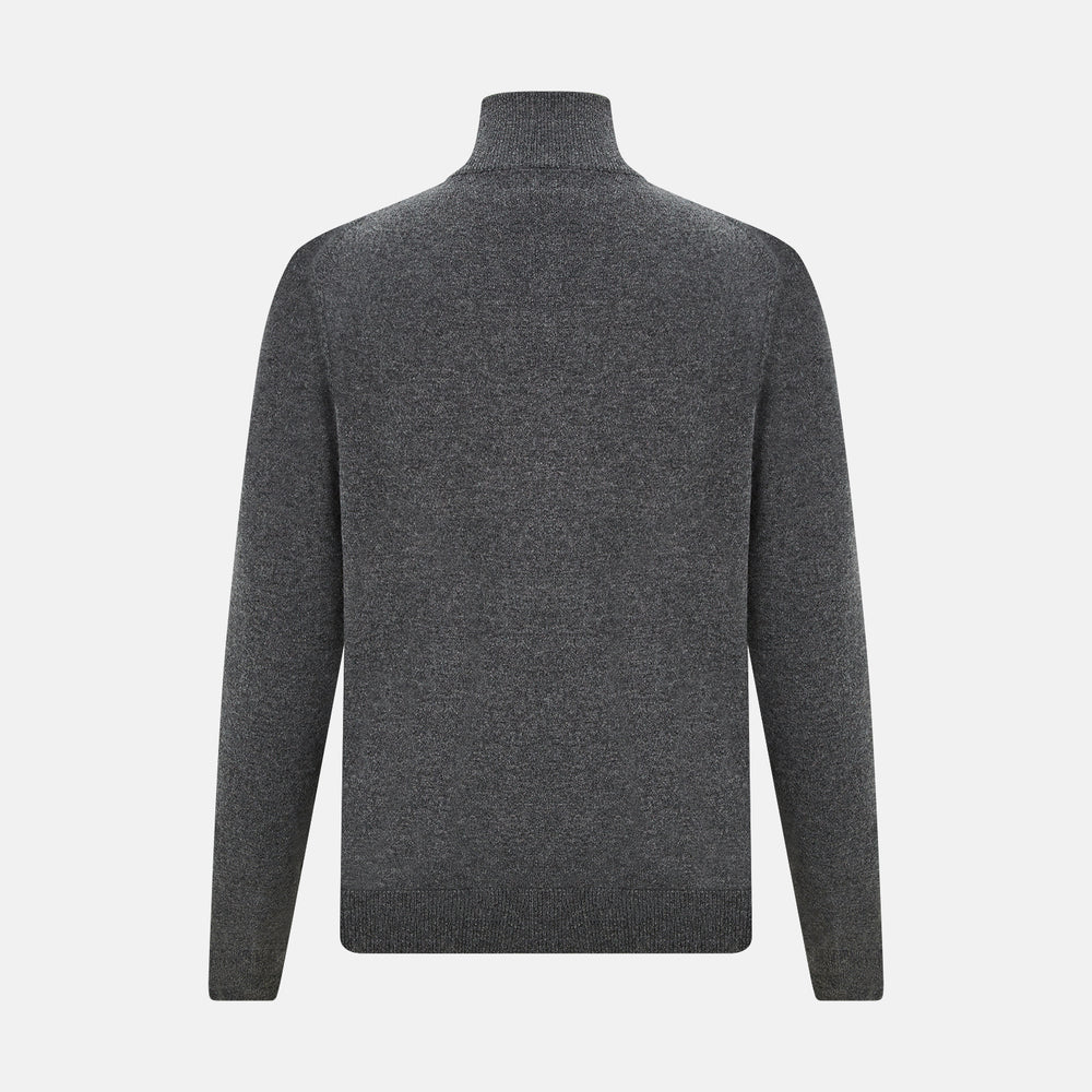The Turnbull & Asser Charcoal Grey Melange Half-Zip Cashmere Jumper features a high collar, quarter-zip design, and long sleeves, shown against a plain white background.