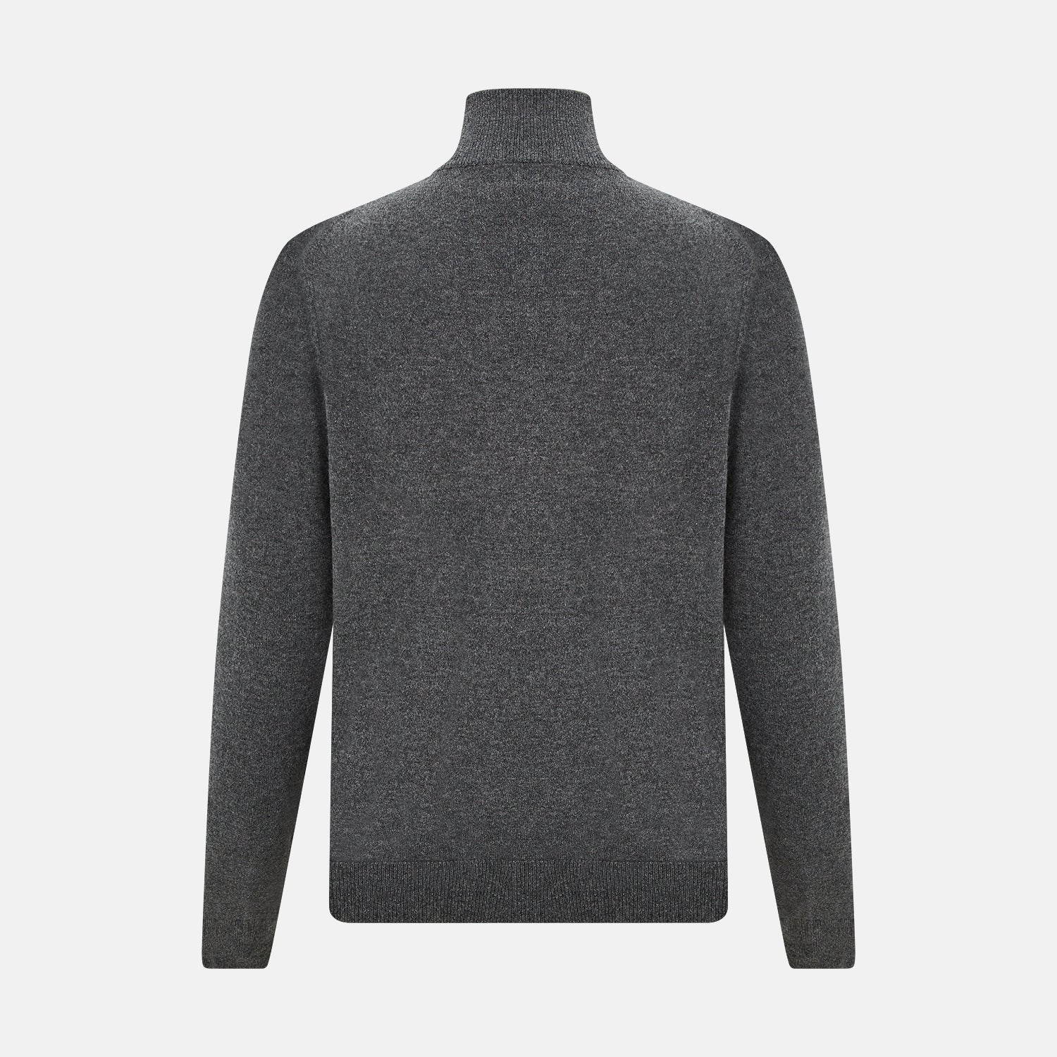 View 3 of product The Turnbull & Asser Charcoal Grey Melange Half-Zip Cashmere Jumper features a high collar, quarter-zip design, and long sleeves, shown against a plain white background.