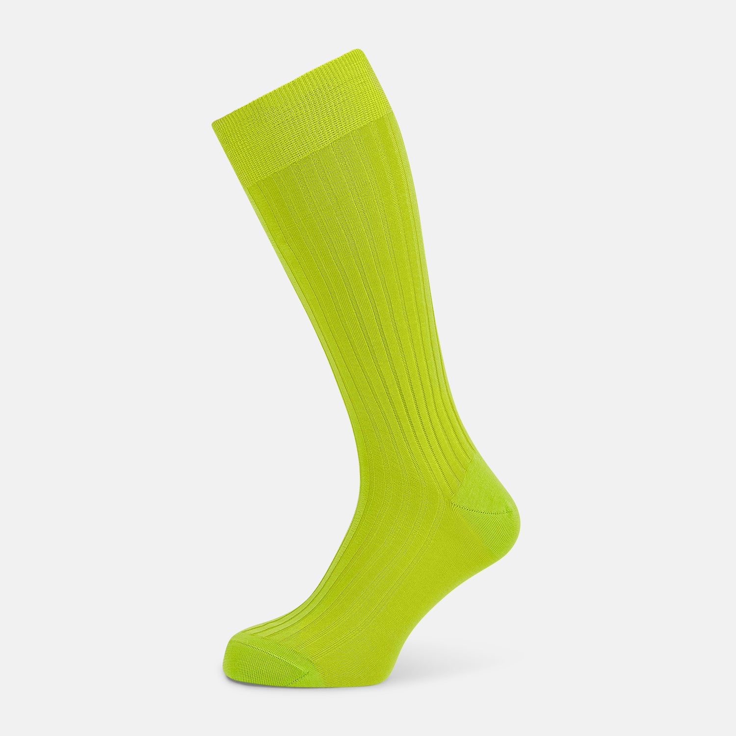 View 1 of product The Turnbull & Asser Lime Mid-Length Sock is crafted from soft mercerised cotton with a ribbed texture and shown against a plain light gray background.