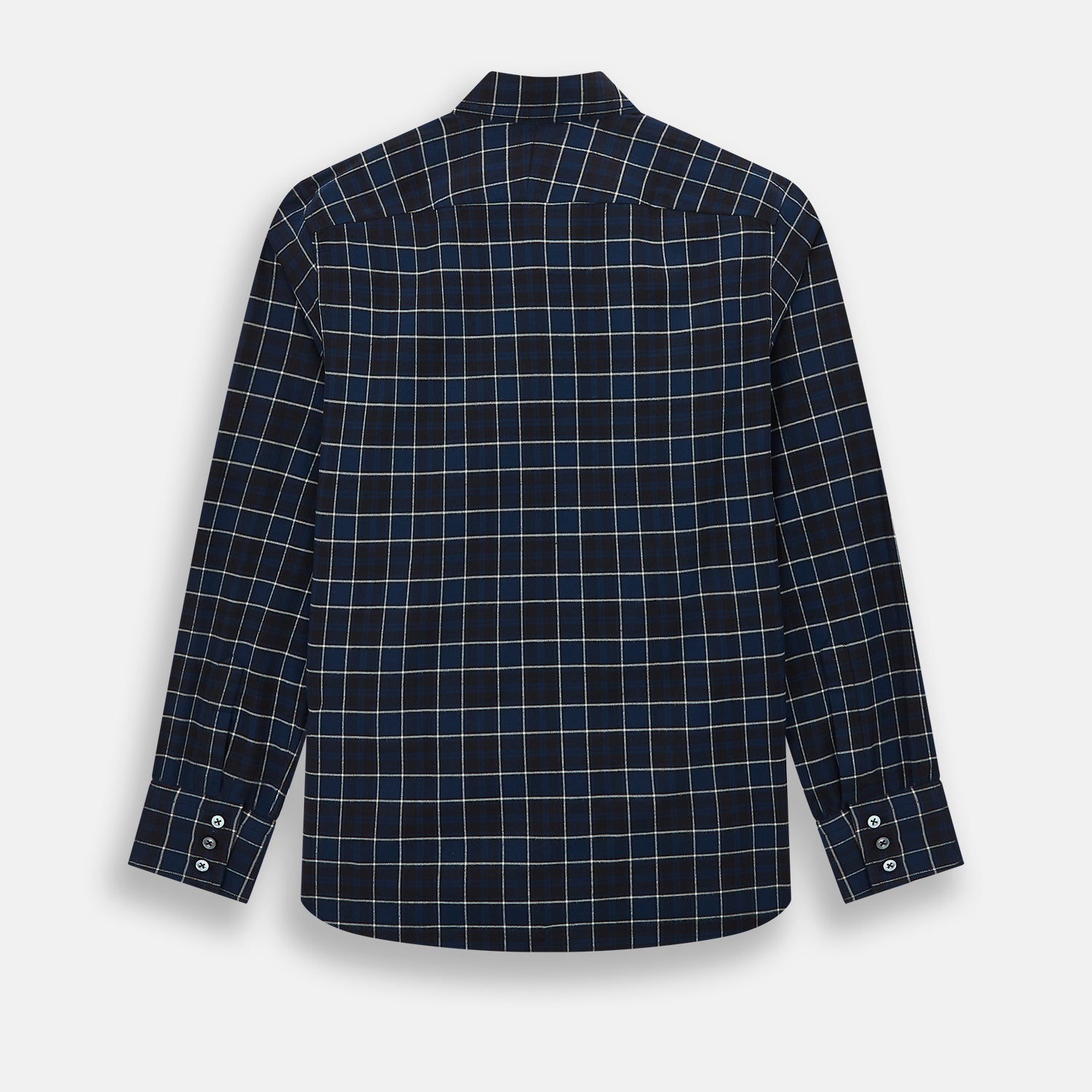 View 3 of product The Turnbull & Asser Navy and White Check Windsor Shirt features a long-sleeve design with a navy base and white check pattern, showcasing British craftsmanship and displayed on a white background.