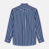 View 5 of product The Turnbull & Asser Navy Multi Stripe Cotton Weekend Fit Suffolk Shirt features vertical blue and navy stripes, a chest pocket, buttoned cuffs, and a classic buttoned Dorset collar.