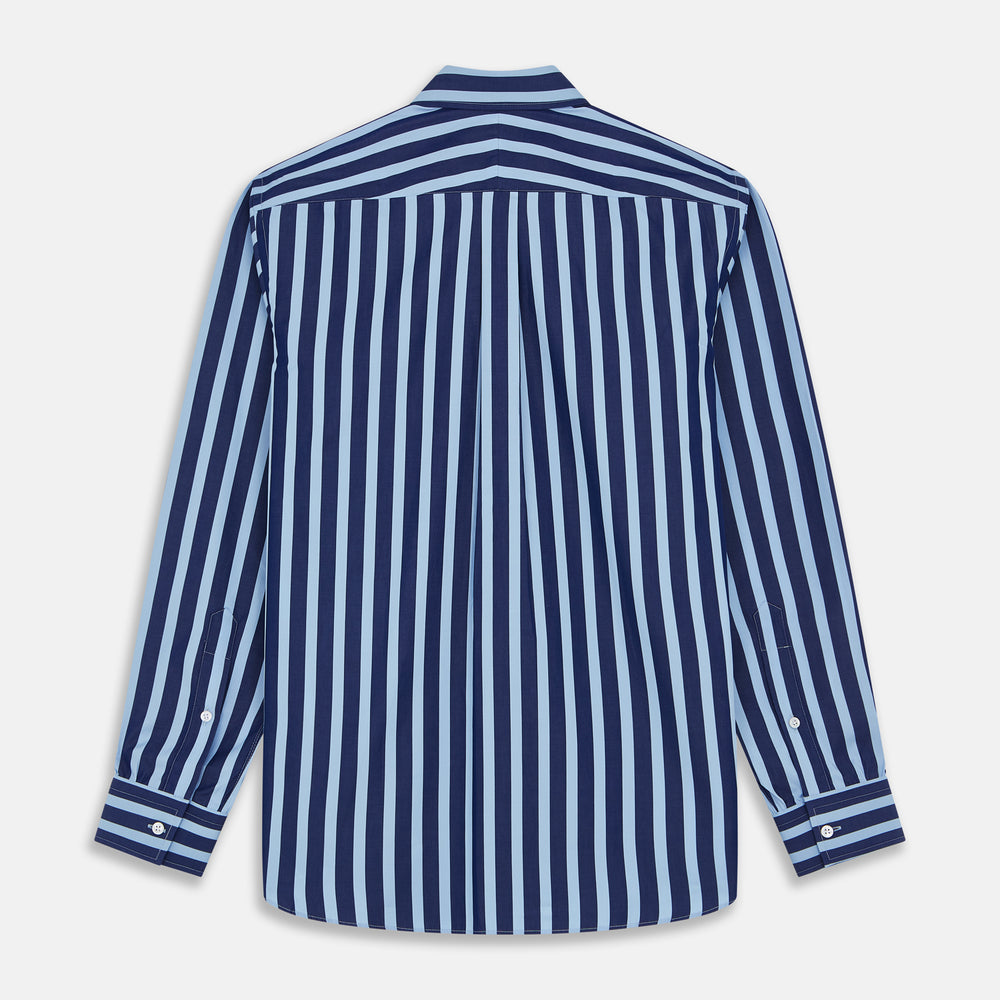 The Turnbull & Asser Navy Multi Stripe Cotton Weekend Fit Suffolk Shirt features vertical blue and navy stripes, a chest pocket, buttoned cuffs, and a classic buttoned Dorset collar.