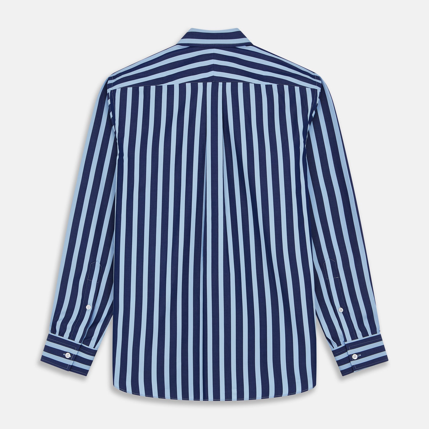 View 5 of product The Turnbull & Asser Navy Multi Stripe Cotton Weekend Fit Suffolk Shirt features vertical blue and navy stripes, a chest pocket, buttoned cuffs, and a classic buttoned Dorset collar.