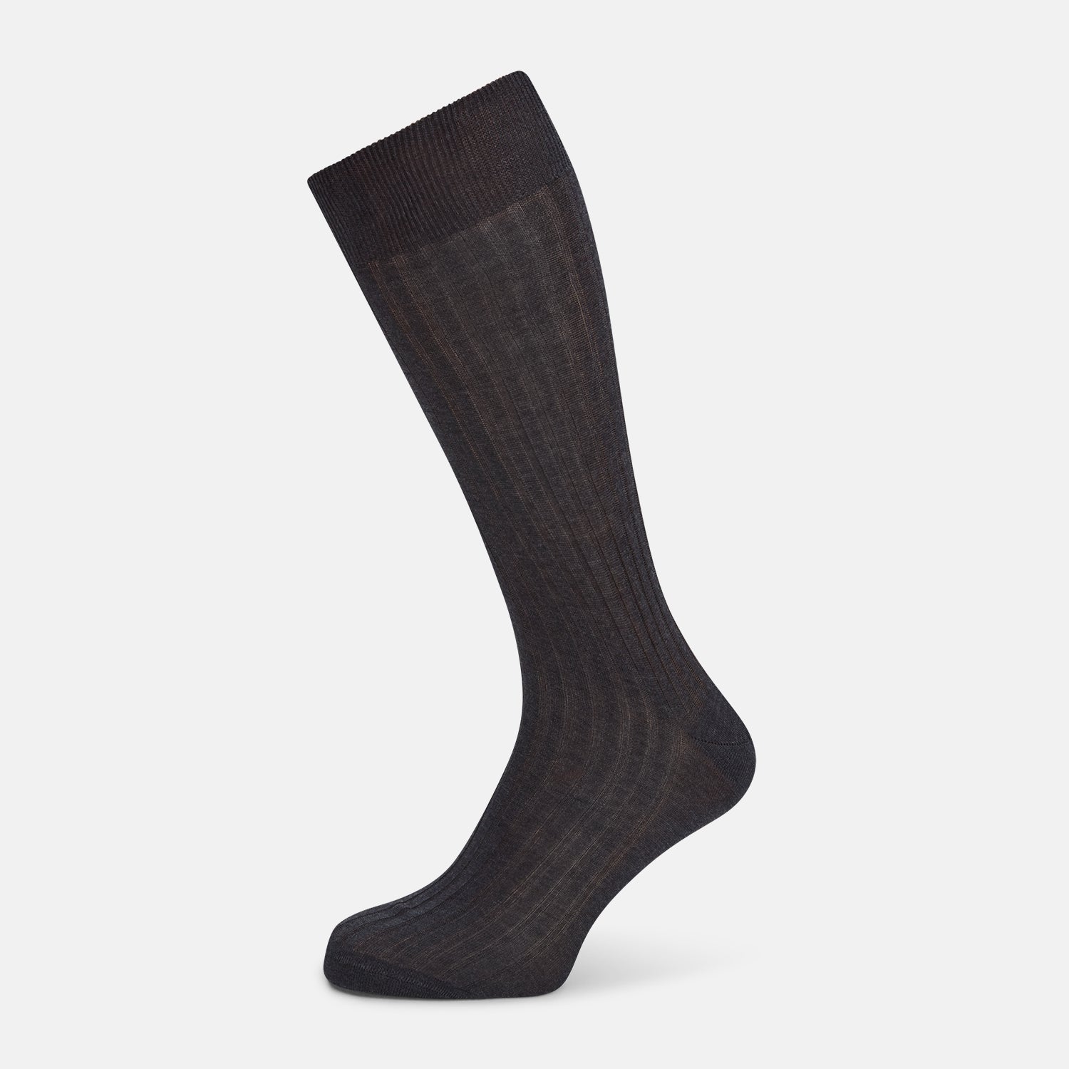 View 1 of product A single Charcoal Mid-Length Sock by Turnbull & Asser, crafted from mercerised Egyptian cotton in dark brown flat-knit, is displayed upright against a plain white background.