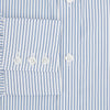 View 4 of product The Turnbull & Asser Blue Shadow Stripe Mayfair Shirt is a long-sleeve button-up with a T&A collar and thin blue vertical stripes on white, shown on a plain white background.