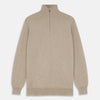 View 1 of product The Beige Lennox Half-Zip Jumper by Turnbull & Asser is a stylish cashmere knit with long sleeves, high collar, and half-length front zipper, finished with ribbed cuffs and hem. Shown against a plain white background.