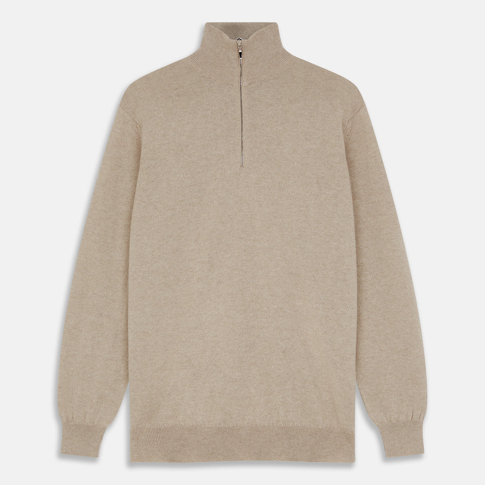 The Beige Lennox Half-Zip Jumper by Turnbull & Asser is a stylish cashmere knit with long sleeves, high collar, and half-length front zipper, finished with ribbed cuffs and hem. Shown against a plain white background.