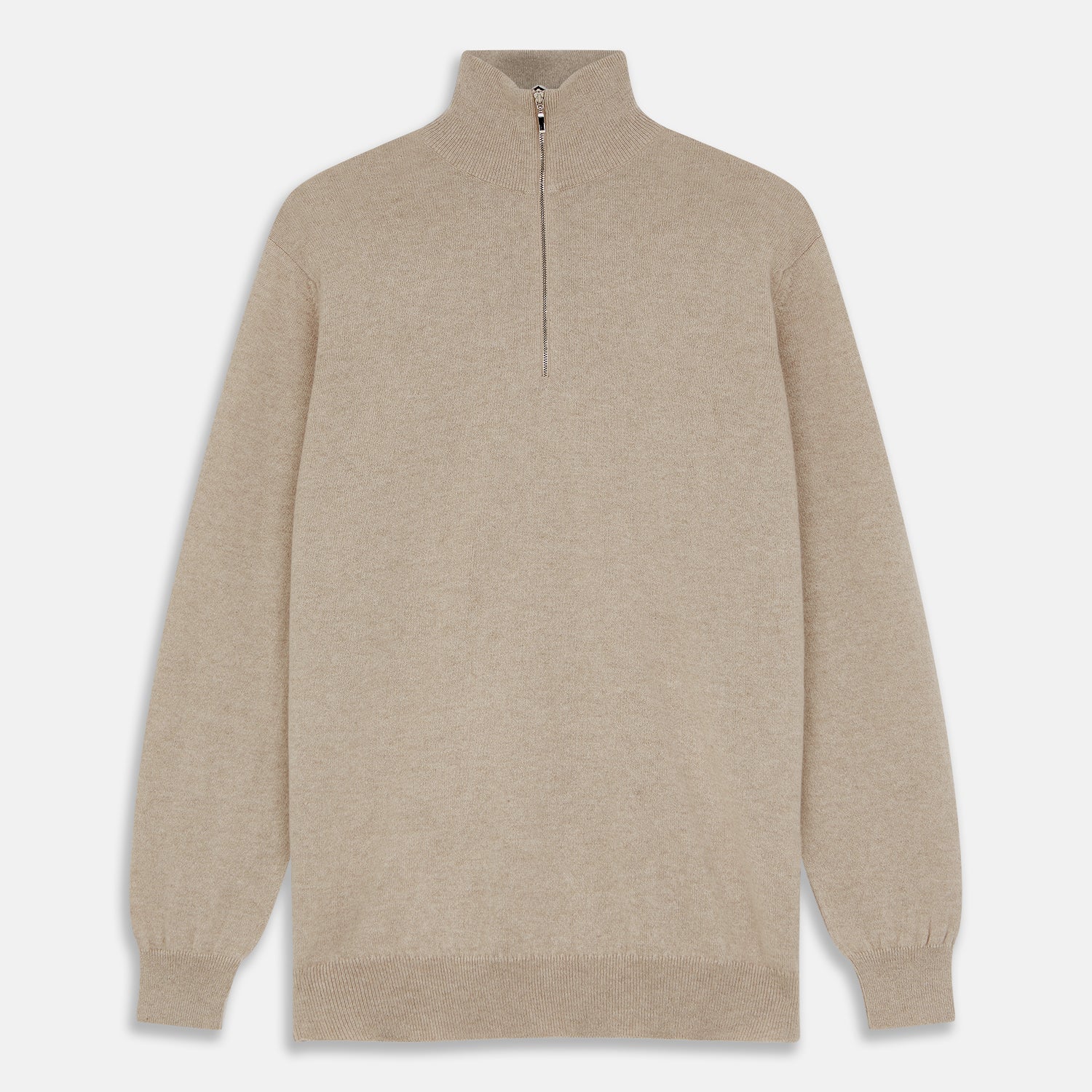 View 1 of product The Beige Lennox Half-Zip Jumper by Turnbull & Asser is a stylish cashmere knit with long sleeves, high collar, and half-length front zipper, finished with ribbed cuffs and hem. Shown against a plain white background.