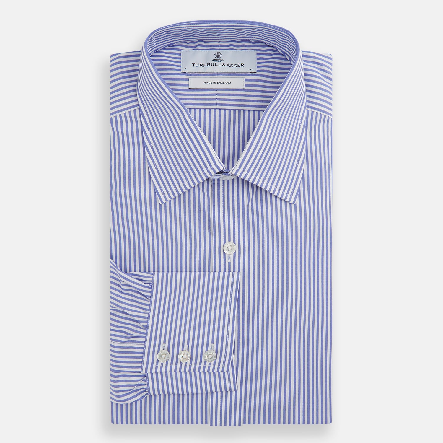 View 5 of product The Turnbull & Asser Blue Bengal Stripe Shirt with T&A collar and 3-button cuffs is shown laid flat on a white background.