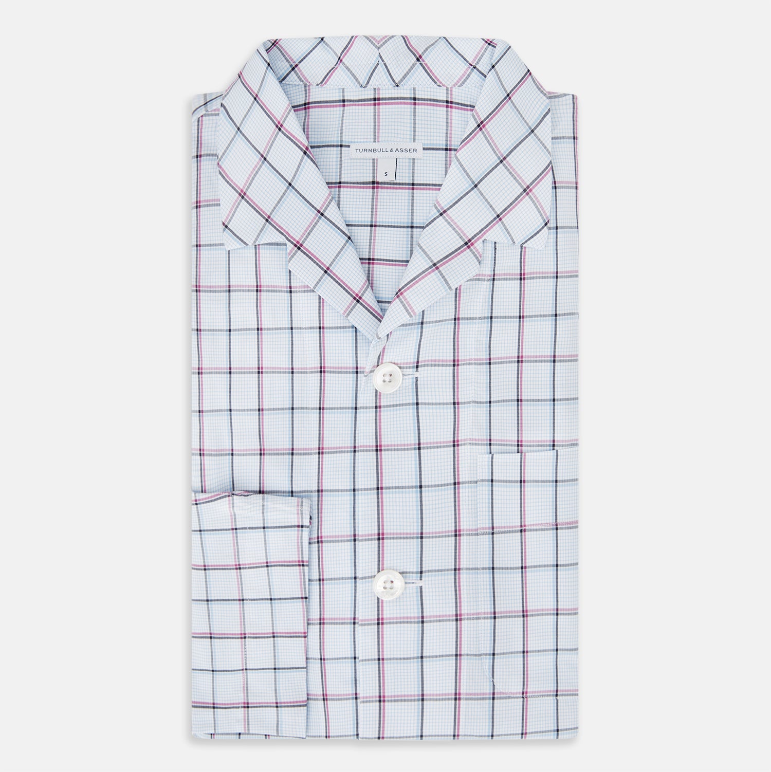 View 5 of product The Turnbull & Asser Burgundy and Blue Check Pyjama Shirt features a classic collar, button-up front, and grid check pattern—an elegant choice for nightwear or comfortable sleepwear.