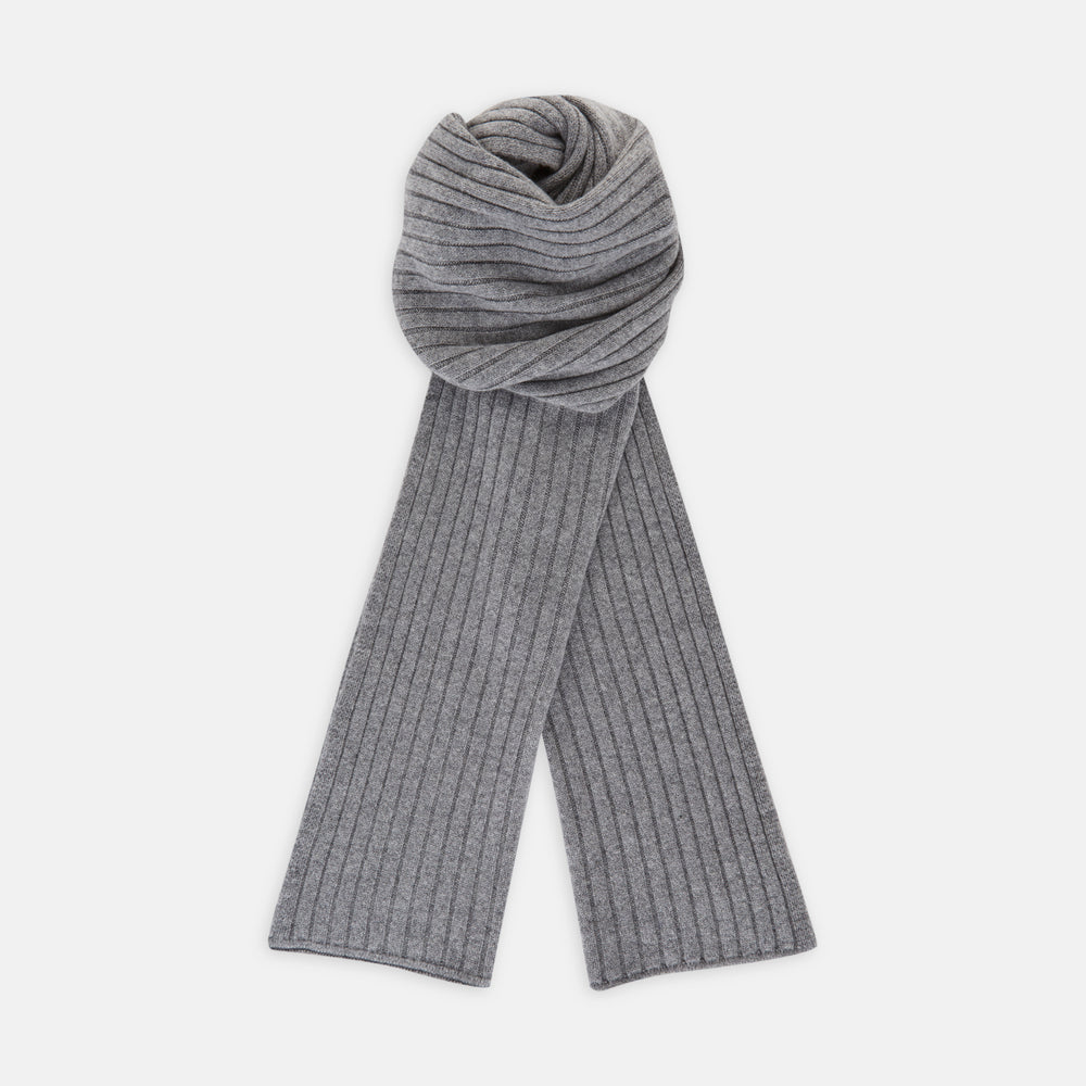 The Turnbull & Asser Grey Wool/Cashmere Scarf, featuring a ribbed design, is neatly knotted and displayed on a plain white background.