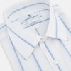 View 2 of product The Colony Blue Track Stripe Mayfair Shirt by Turnbull & Asser is a long-sleeve, button-up Italian cotton shirt with a white base and blue stripes, pointed collar, and buttoned cuffs, shown laid flat on a white background.