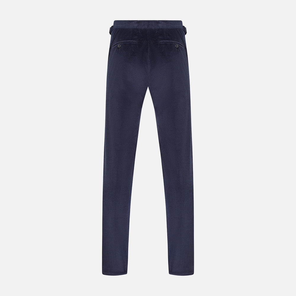 The Turnbull & Asser Navy Corduroy Henry Trousers are tailored fit with a straight-leg cut, made from a wool-cotton blend, and feature front button and zip closure, shown against a plain white background.