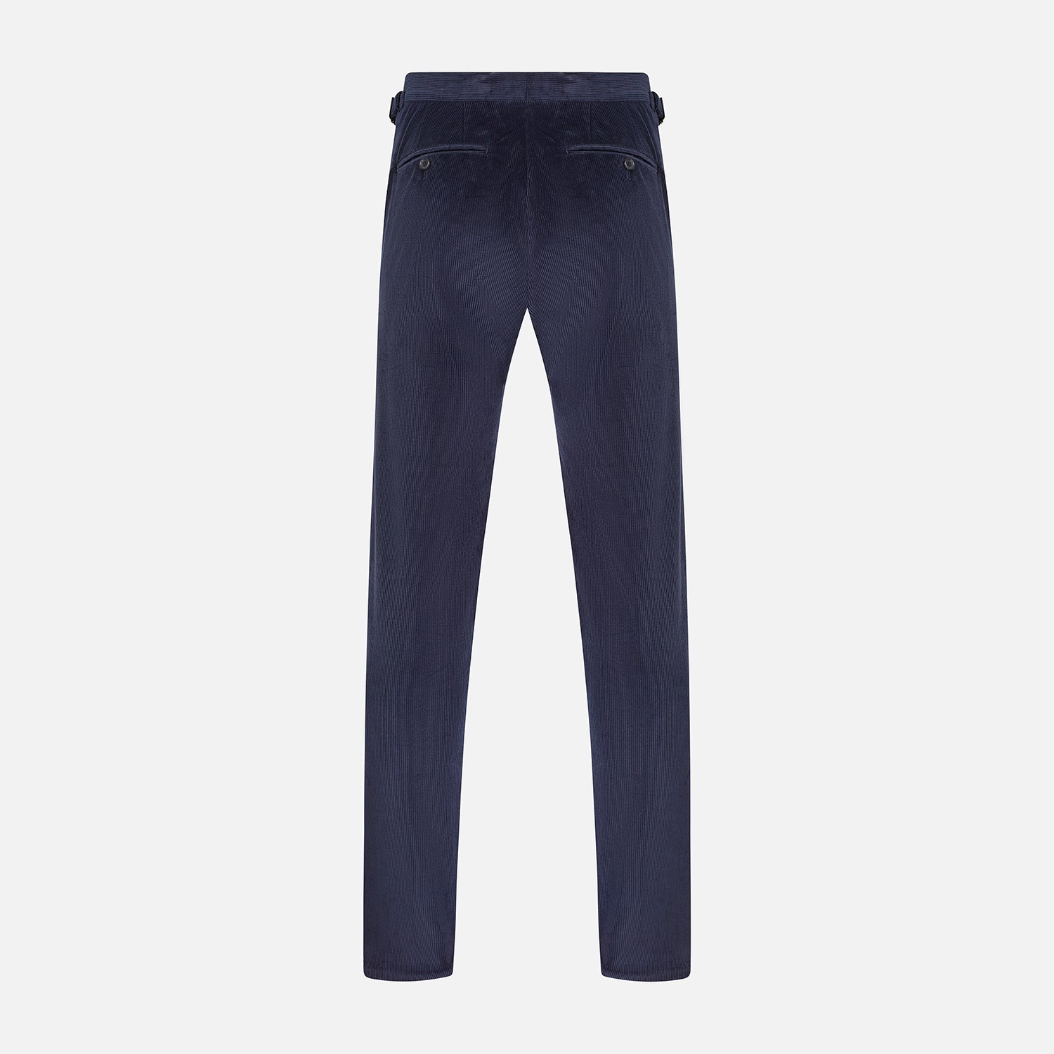 View 3 of product The Turnbull & Asser Navy Corduroy Henry Trousers are tailored fit with a straight-leg cut, made from a wool-cotton blend, and feature front button and zip closure, shown against a plain white background.