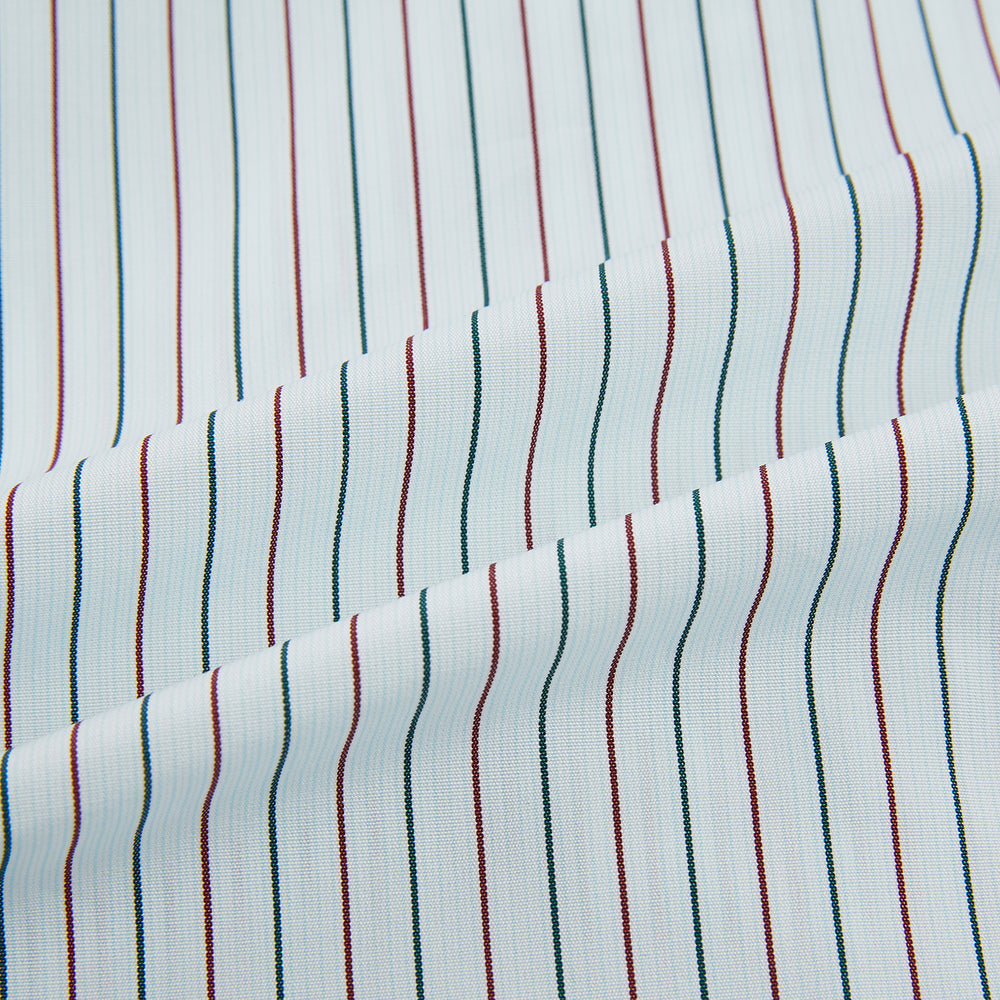 The Turnbull & Asser Green and Burgundy Pinstripe Mayfair Shirt, a long-sleeved, button-down with a classic collar, is ideal for formal wear and shown flat on a white background.