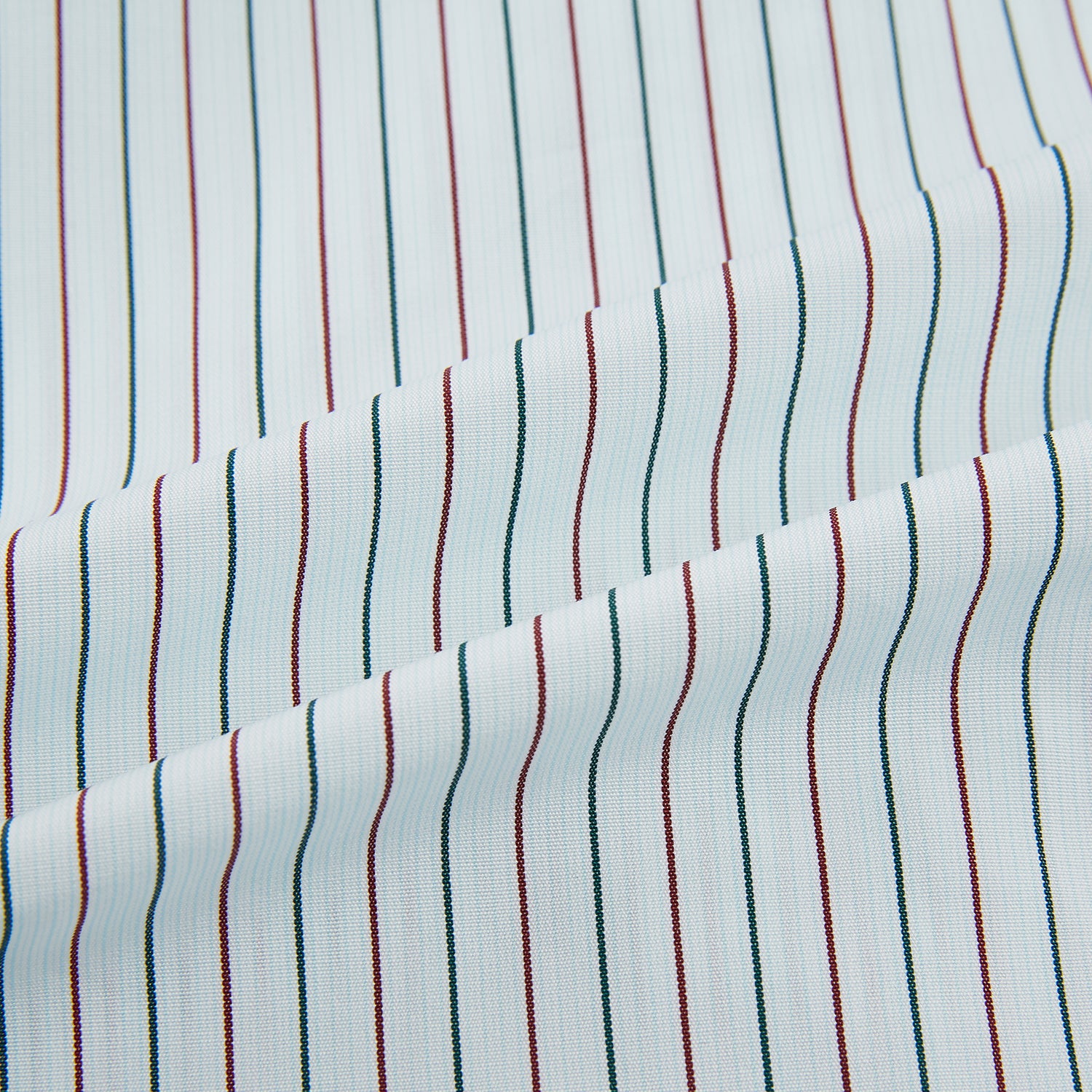 View 6 of product The Turnbull & Asser Green and Burgundy Pinstripe Mayfair Shirt, a long-sleeved, button-down with a classic collar, is ideal for formal wear and shown flat on a white background.