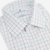 View 2 of product The Turnbull & Asser Pink Grid Check Mayfair Shirt is a long-sleeve, button-down shirt with a T&A collar, crafted from organic cotton and featuring a pink checkered grid pattern on white with buttoned cuffs.