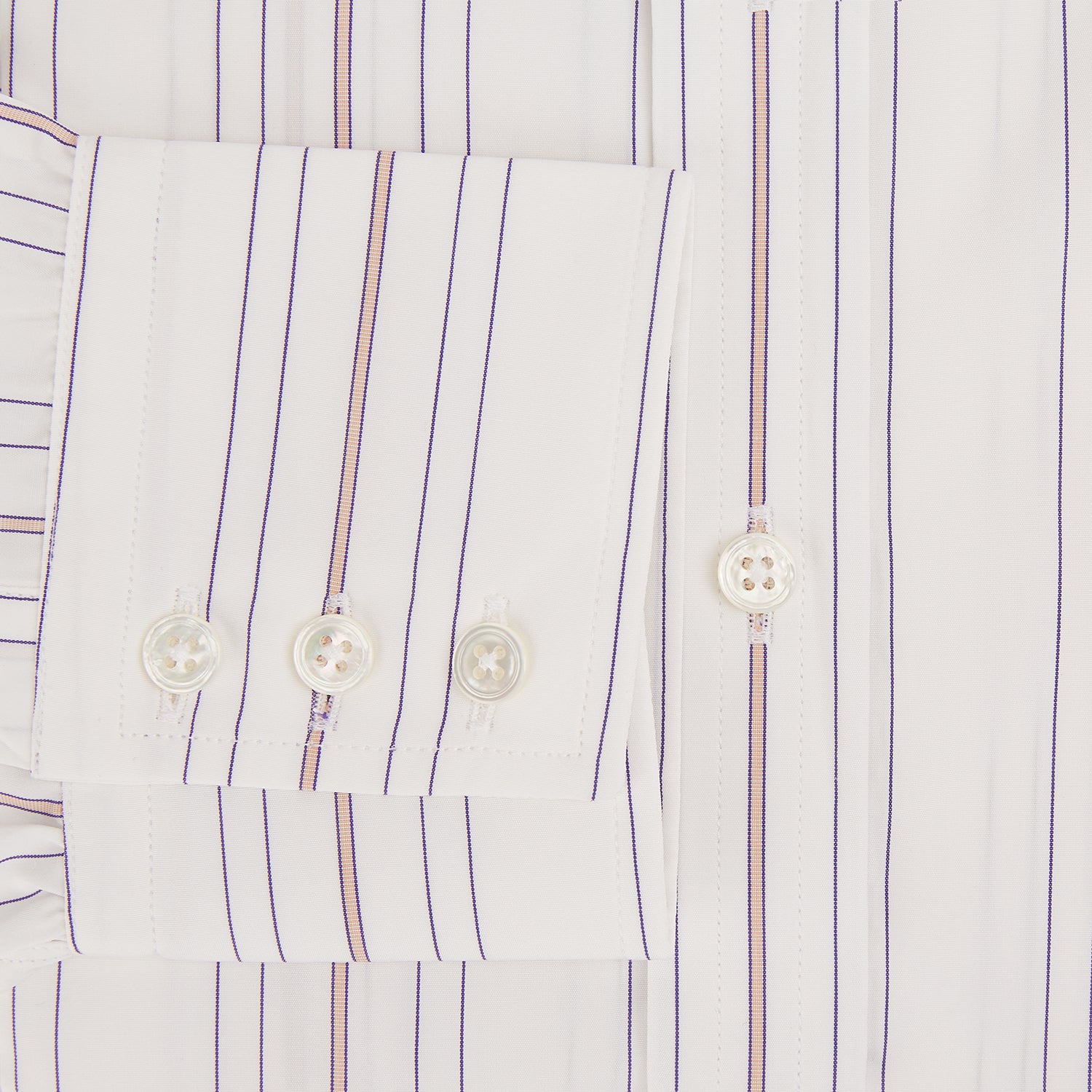 View 4 of product The Purple and Rose Multi Stripe Mayfair Shirt by Turnbull & Asser features thin blue, red, and gray stripes on white, a classic collar, and long sleeves. This British design is displayed on a plain white surface.