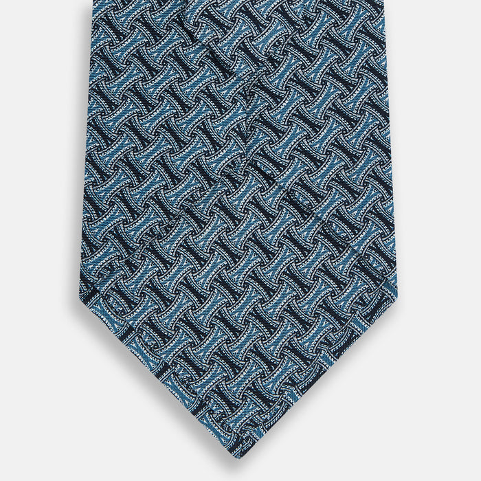 Pale Blue and Navy Weave-Patterned Printed Silk Tie Image 2