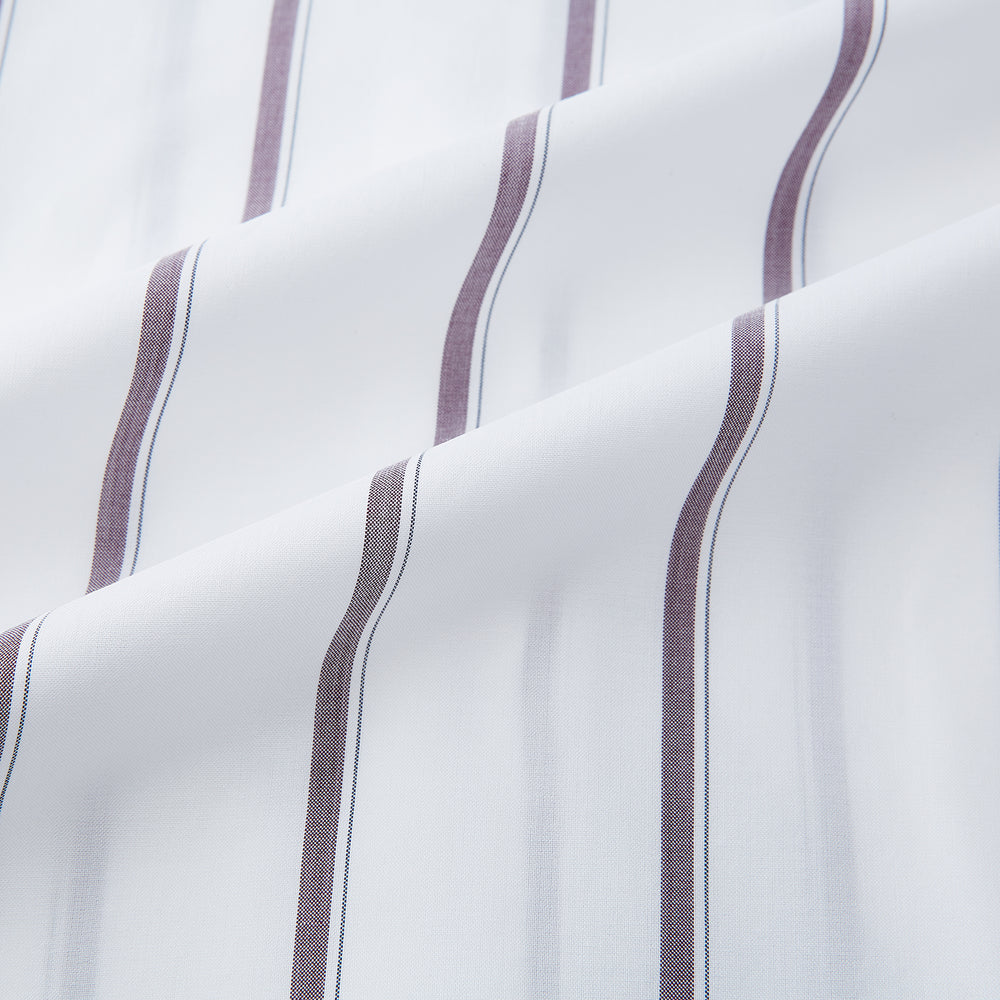 A Burgundy Track Stripe Mayfair Shirt by Turnbull & Asser, featuring long sleeves, vertical stripes, a classic collar, and crafted from premium Italian cotton, is displayed flat on a light background.