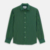 View 1 of product The Turnbull & Asser Green and Navy Candy Stripe Silk Weekend Fit Harold Shirt features long sleeves, a button-up front, collar, and cuffs, displayed laid flat on a white background.