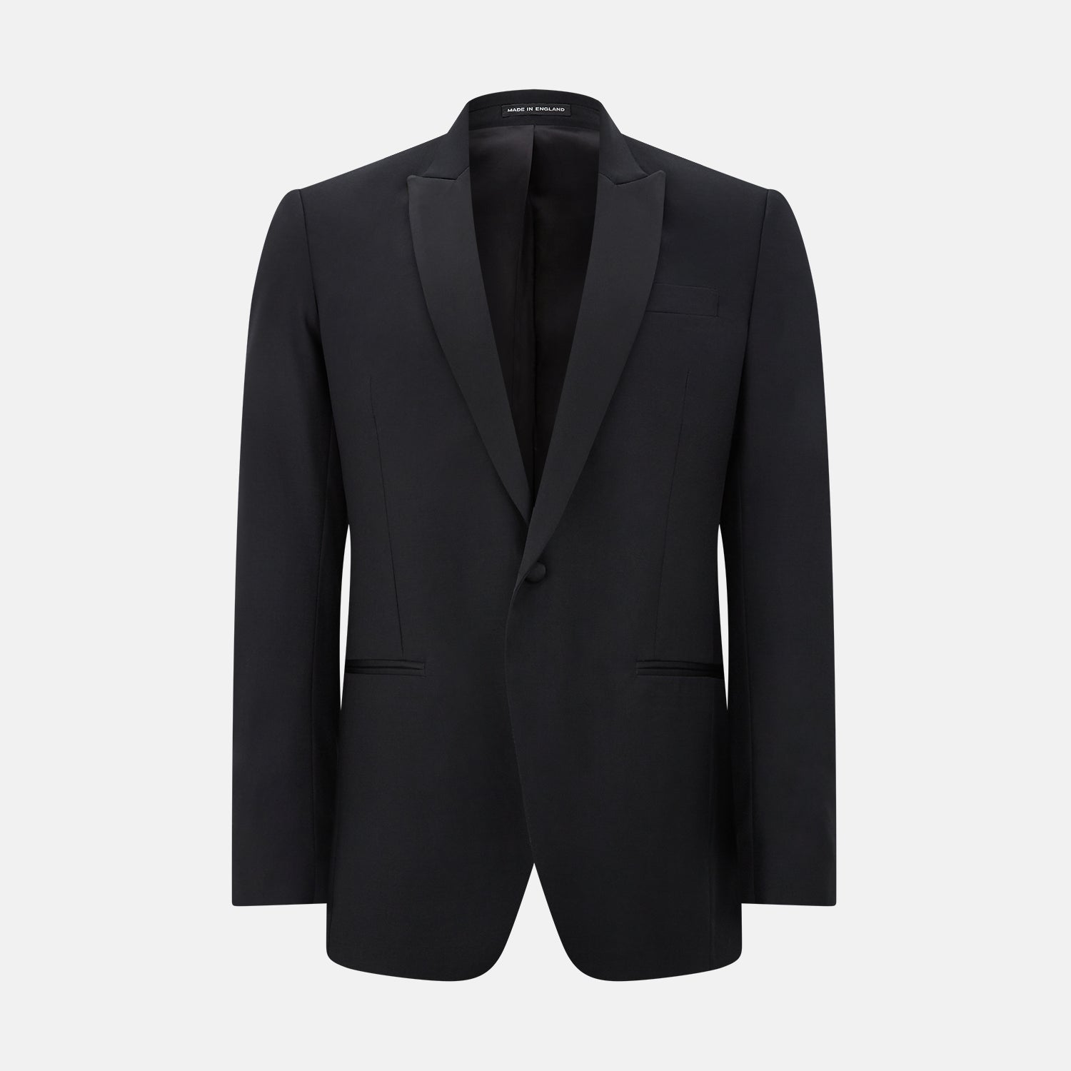 View 3 of product The Turnbull & Asser Black Single Breasted Dinner Suit features fine wool, a satin shawl collar jacket, and matching trousers—perfect formal wear, shown on a plain white background.