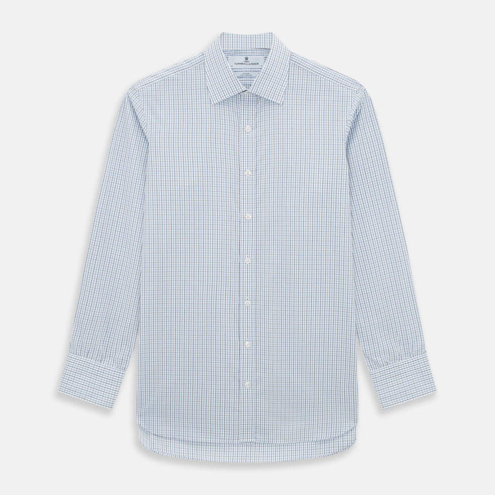 The Turnbull & Asser Navy and Blue Multi Check Mayfair Shirt features a T&A collar, button cuffs, and a blue checkered pattern. This long-sleeve, button-up shirt is shown on a white background.