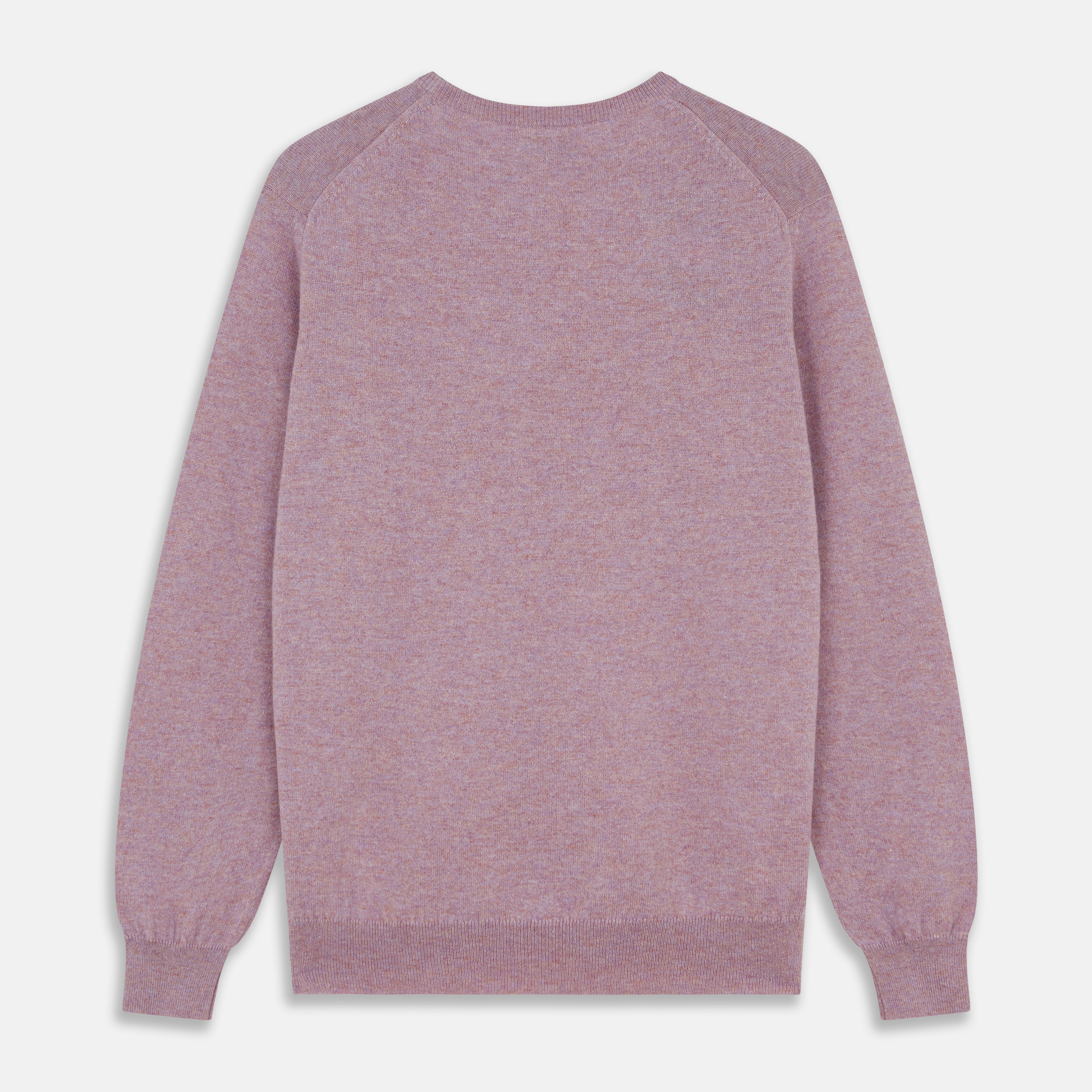 View 3 of product The Turnbull & Asser Lilac Heather Glenn Cashmere Crew Neck Jumper, featuring long sleeves with ribbed cuffs and hem, is knitted in Scotland and shown laid flat on a white background.