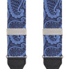 View 2 of product Two Jacquard Silk Paisley Braces by Turnbull & Asser, featuring a blue paisley pattern with black leather ends and silver hardware, displayed side by side on a white background.