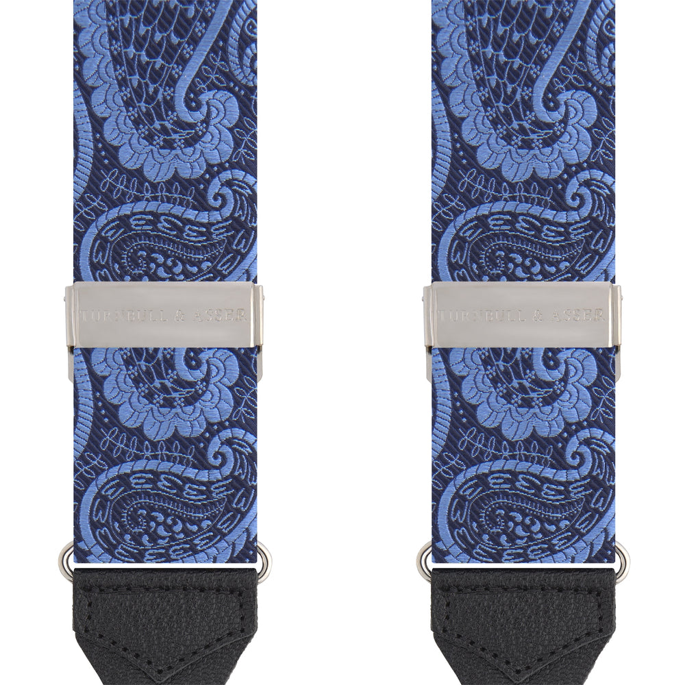 Two Jacquard Silk Paisley Braces by Turnbull & Asser, featuring a blue paisley pattern with black leather ends and silver hardware, displayed side by side on a white background.